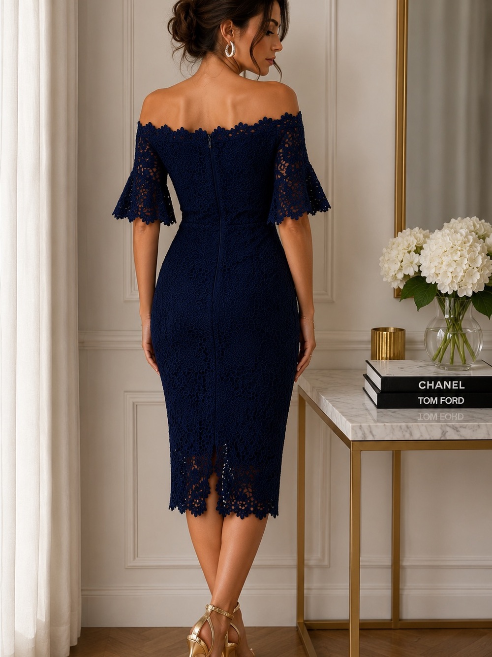 Off-Shoulder Navy Lace Sheath Dress - Picture 2 of 5